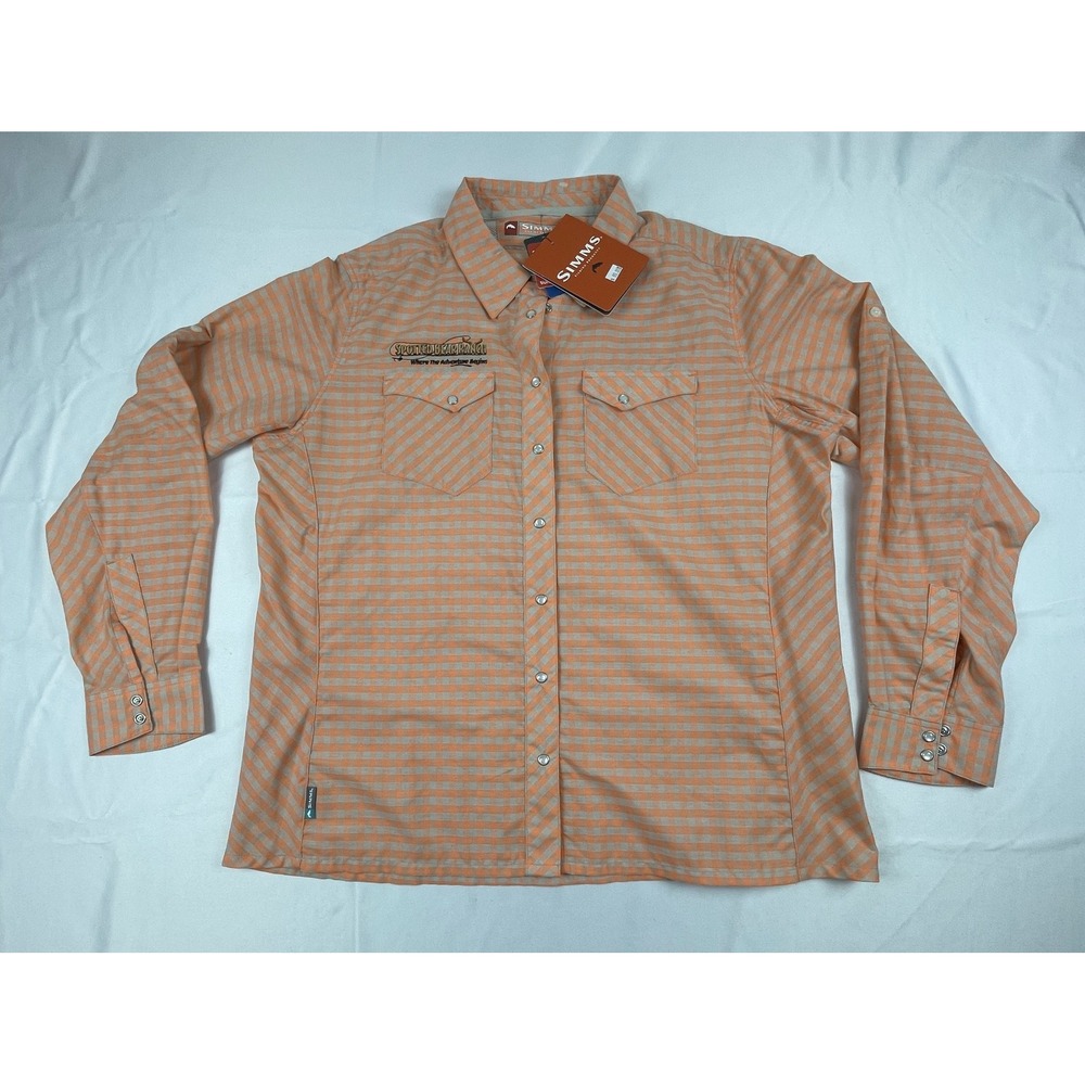 Simms Spotted Bear Ranch Fishing Shirt XL Orange Gingham Pearl Snap Womens L NWT